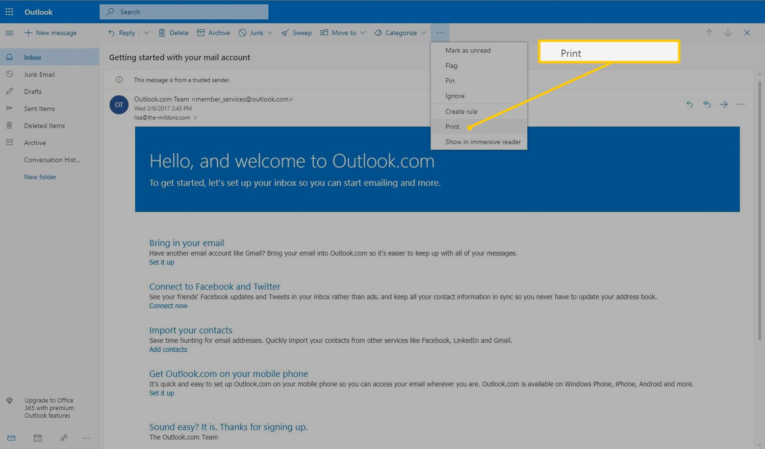 How to print email in outlook?