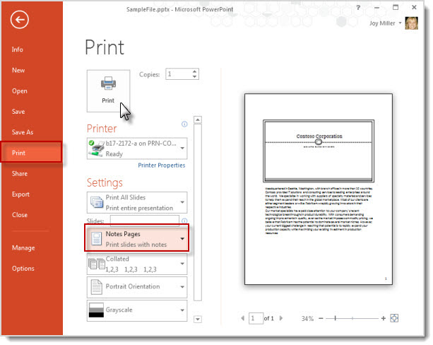 how to print notes on powerpoint?