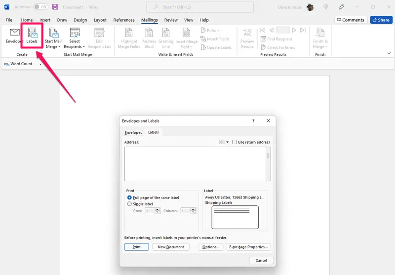 how to print labels in word